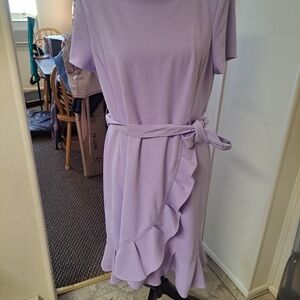 Andrew Marc Lavender Ruffle Midi Dress with Self Tie